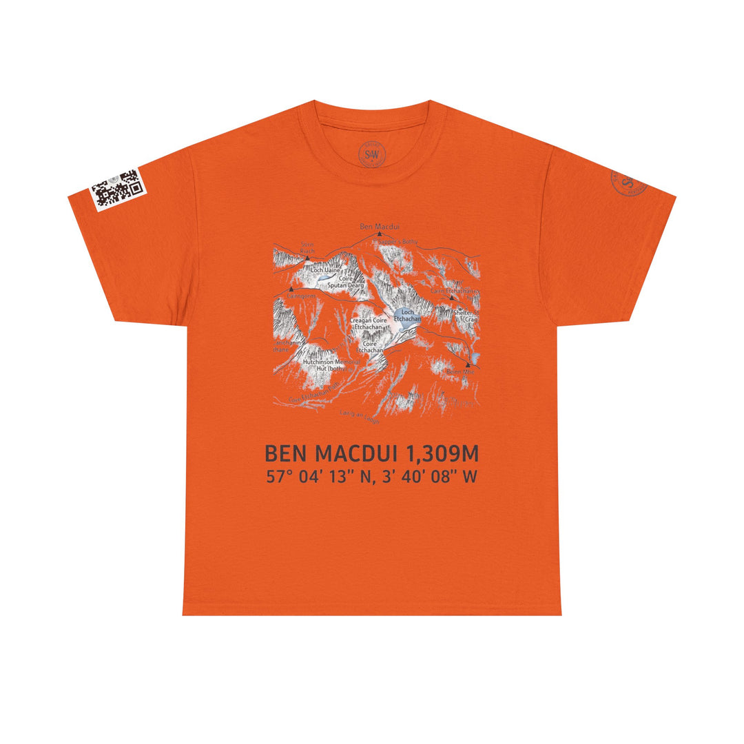 Orange graphic tee shirt by S&amp;W Gallus with a mountain map and QR code on the sleeve.