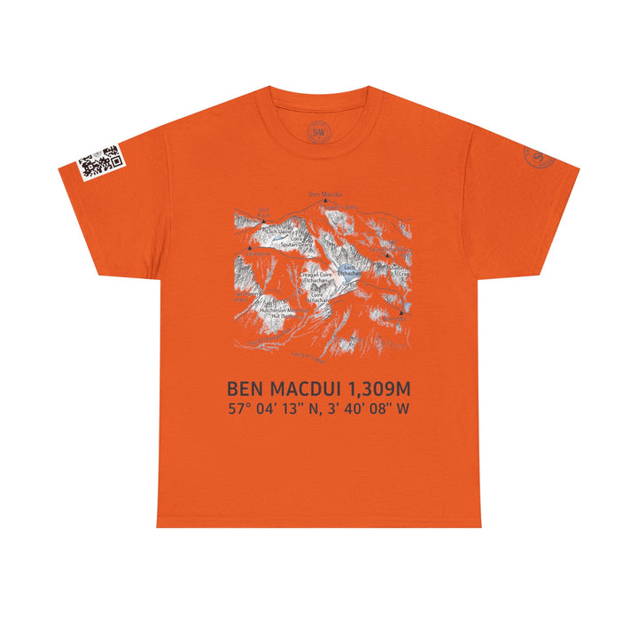 Orange graphic tee shirt by S&amp;W Gallus with a mountain map and QR code on the sleeve.