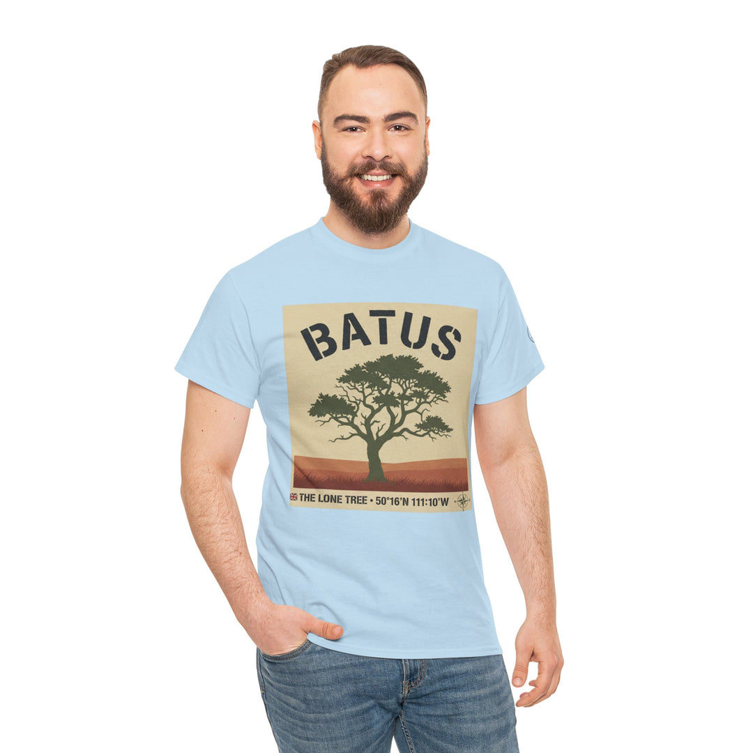Light blue tee shirt by S&amp;W Gallus, featuring a vintage-style tree graphic on the front, paired with denim jeans.