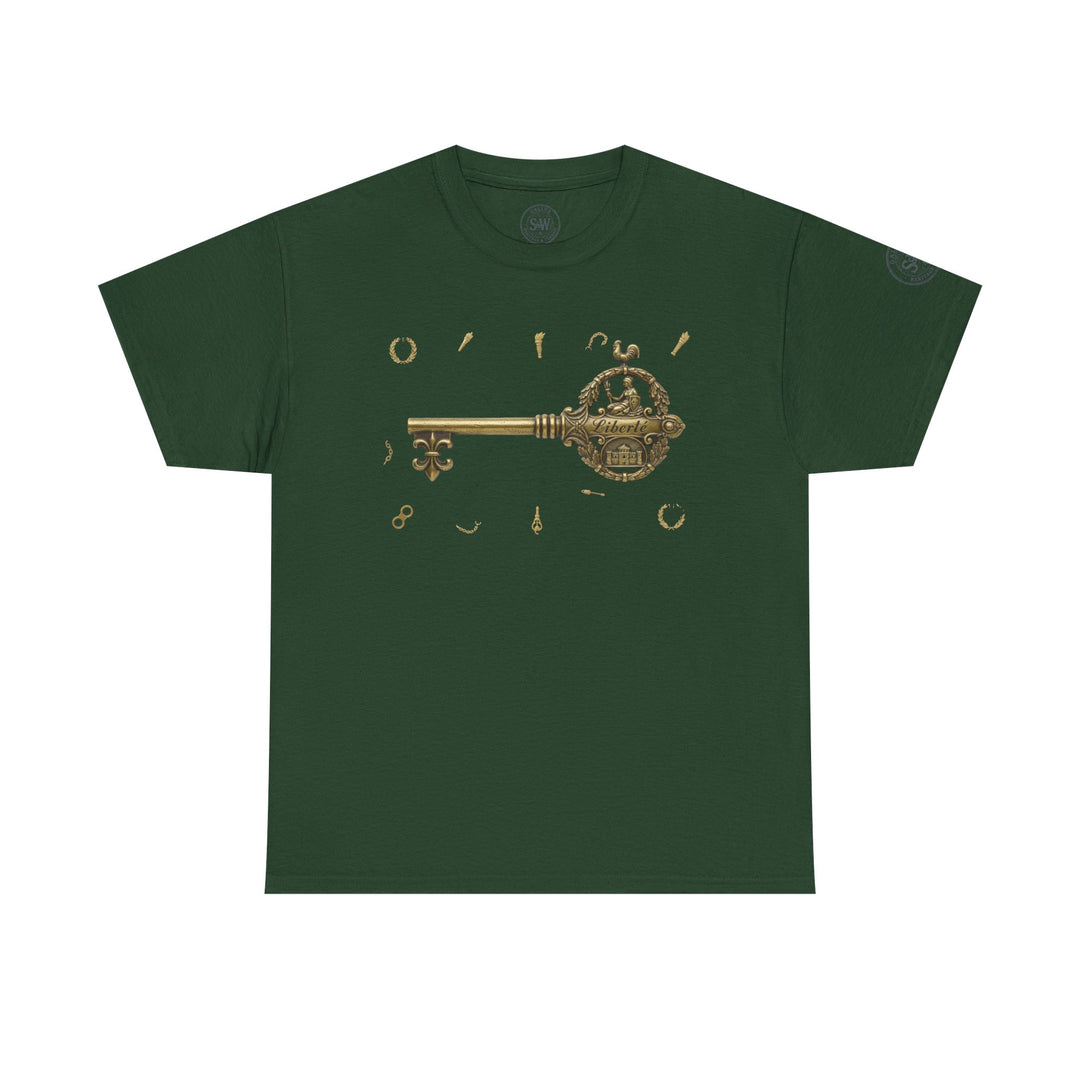 Green Bastille Key T-shirt by S&amp;W Gallus, featuring golden key and symbol graphics on the front.