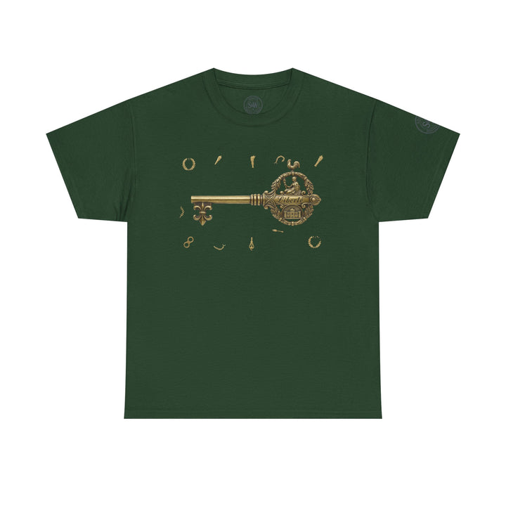 Green Bastille Key T-shirt by S&amp;W Gallus, featuring golden key and symbol graphics on the front.