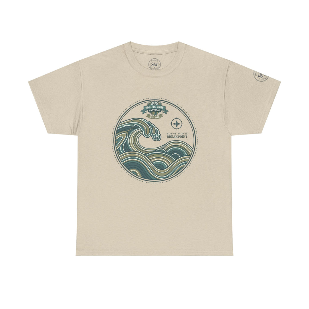 Beige Wave Crest surf T-shirt by S&amp;W Gallus with graphic wave design on the chest.
