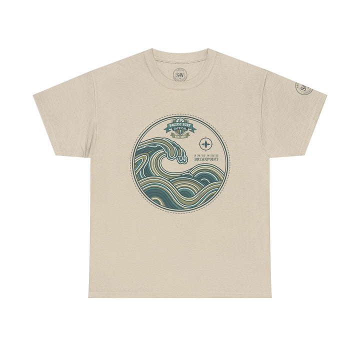 Beige Wave Crest surf T-shirt by S&amp;W Gallus with graphic wave design on the chest.
