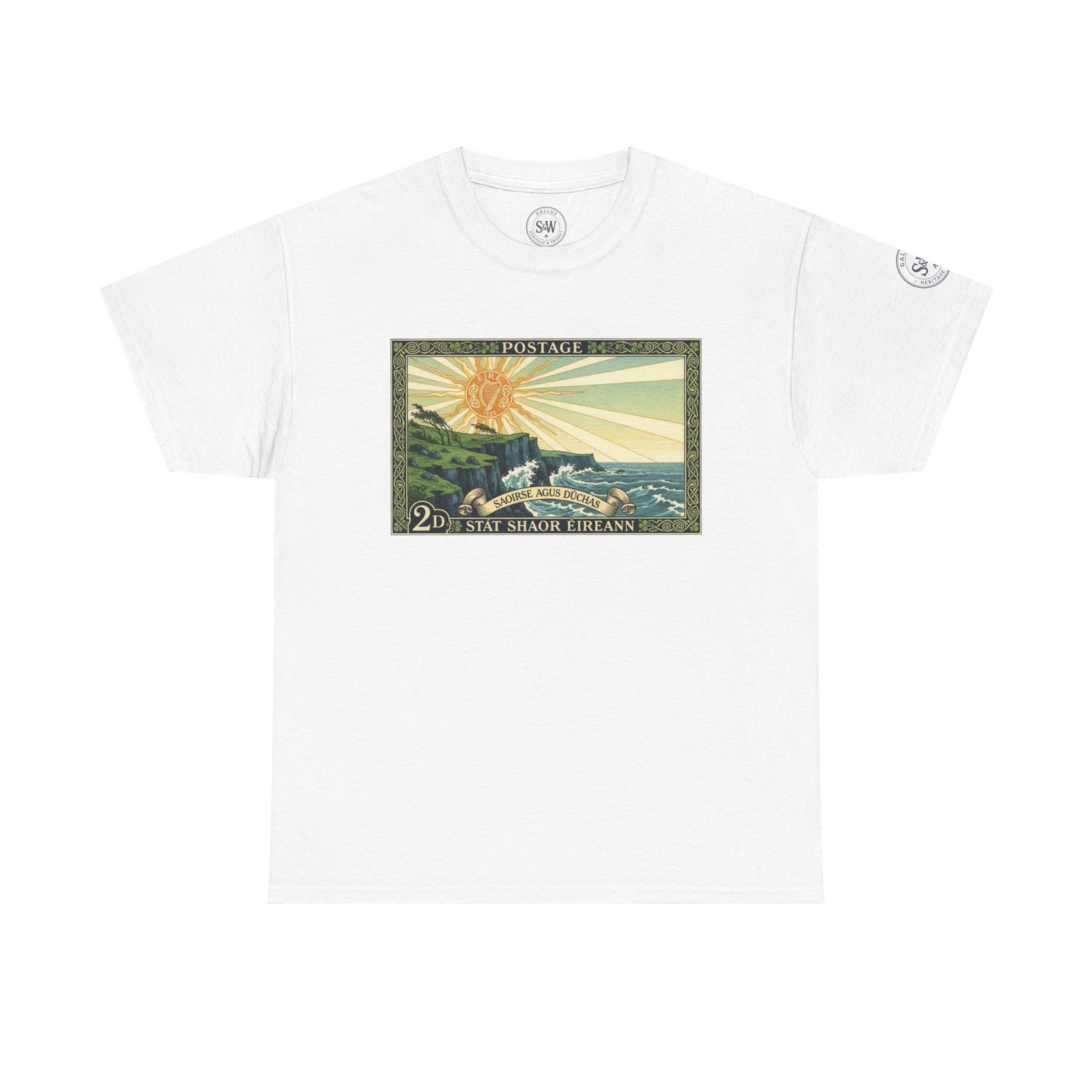 White t-shirt with a vintage Irish postage stamp graphic by S&W Gallus, featuring a Celtic design and Irish text.