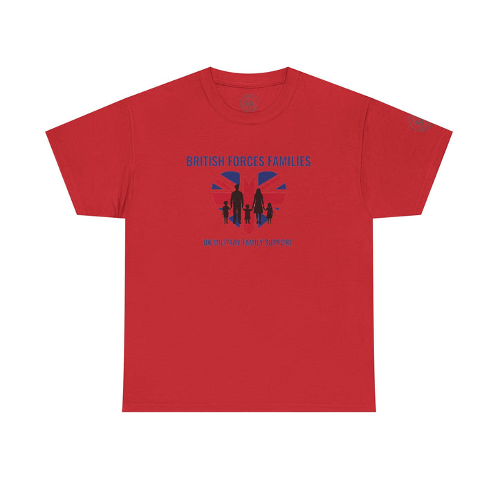 Red t-shirt by S&amp;W Gallus, featuring a military family support graphic with British flag heart and family silhouette.