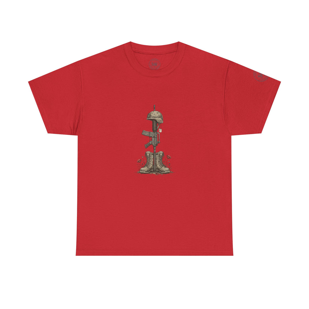 Red t-shirt by S&amp;W Gallus featuring a battle cross design with a rifle, helmet, and military boots.