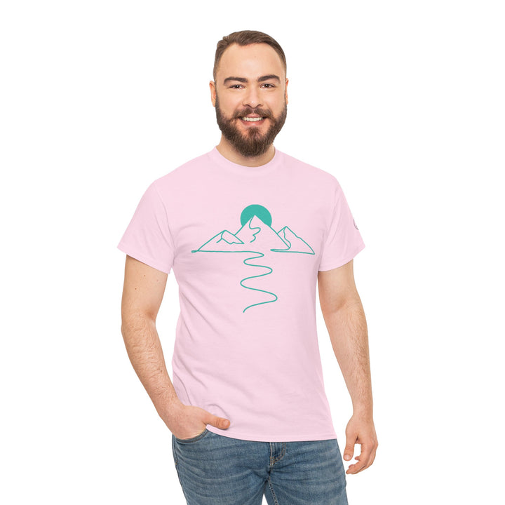 Pink T-shirt by S&amp;W Gallus featuring a graphic of mountains, a sun, and a winding path.