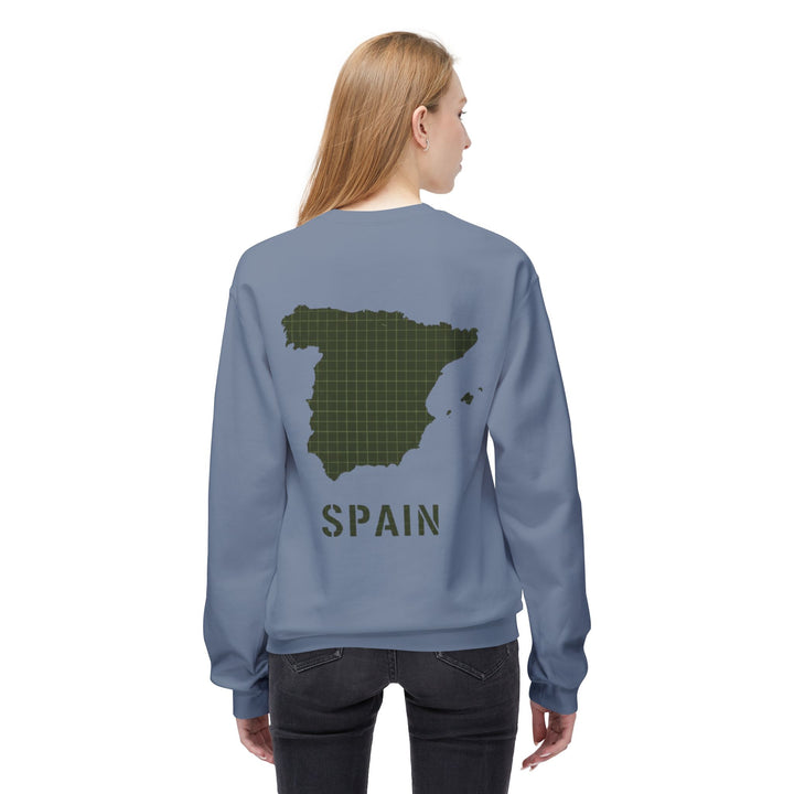 Spain Map Crewneck Sweatshirt — Military Green Grid Spain Graphic