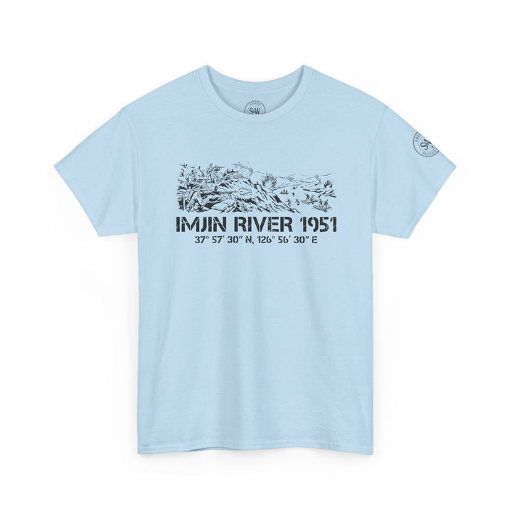Light blue Imjin River 1951 t-shirt by S&amp;W Gallus, featuring a black illustration of soldiers and coordinates.
