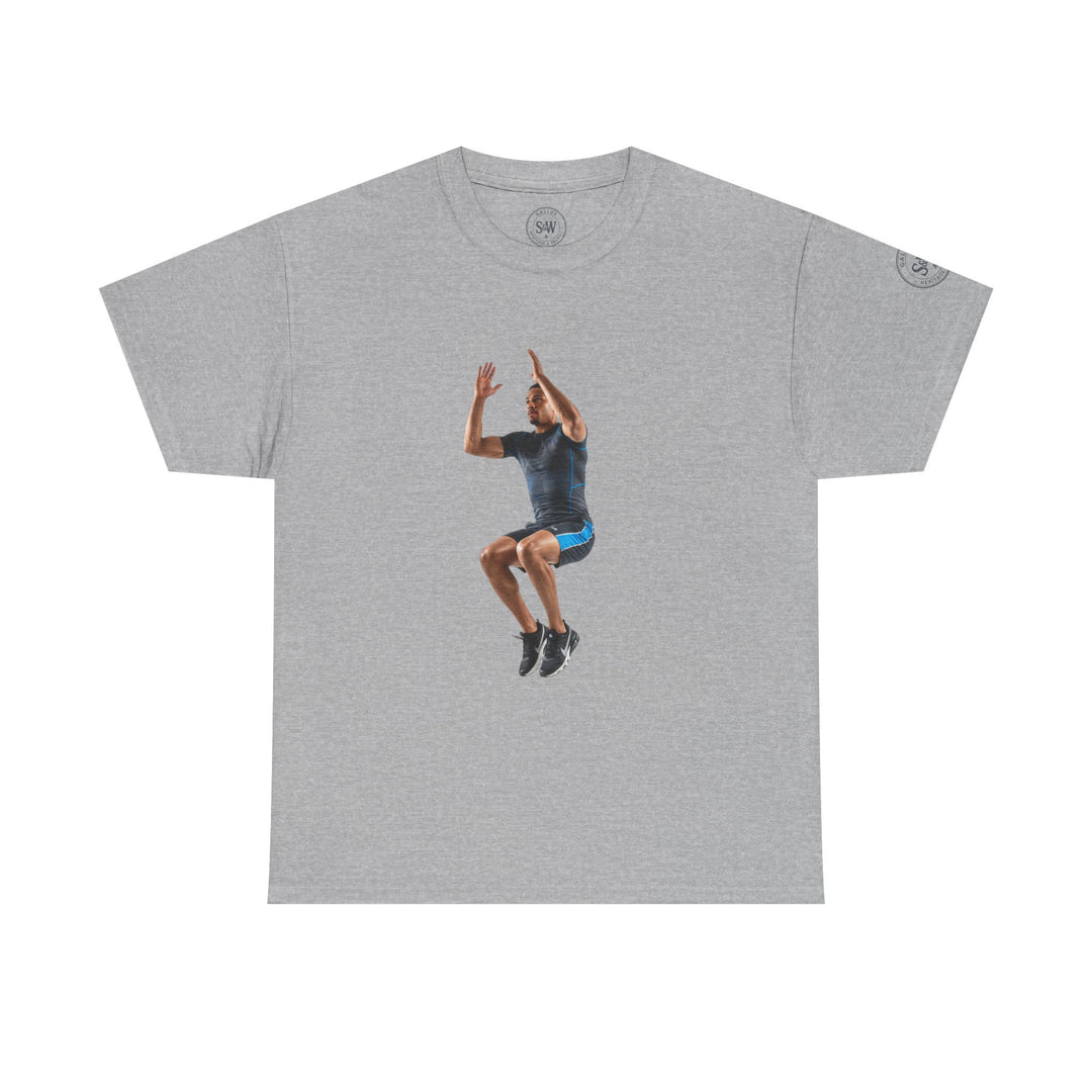 Gray T-shirt by S&amp;W Gallus, featuring a fitness print of a man in motion, jumping.