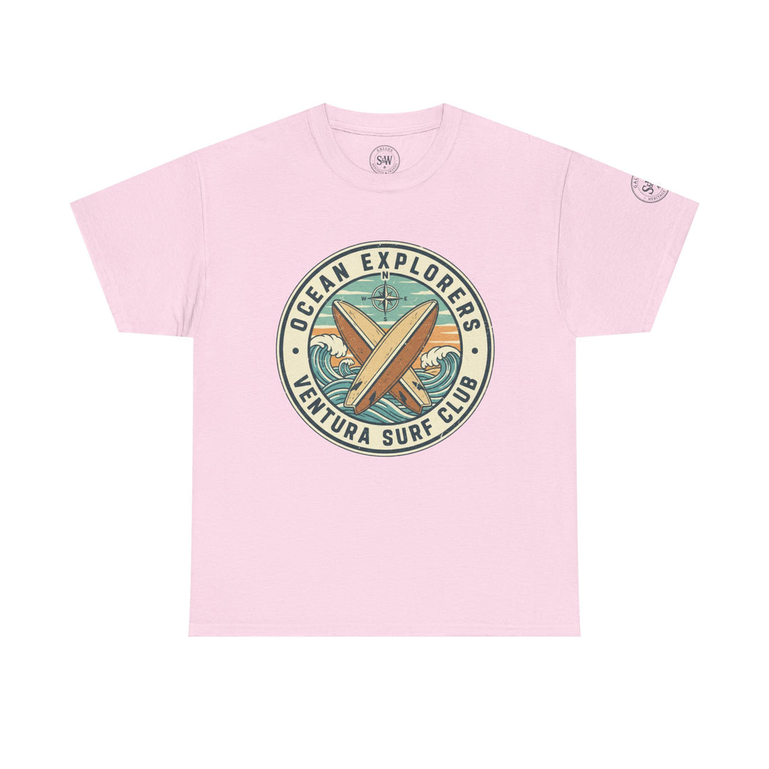 Pink t-shirt by S&amp;W Gallus with a circular graphic of crossed surfboards, waves, and a compass.