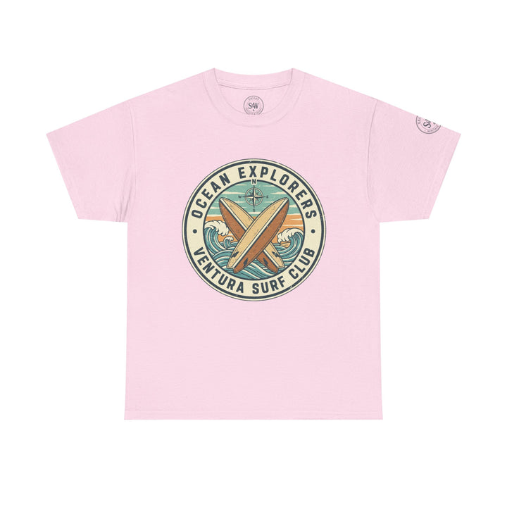 Pink t-shirt by S&amp;W Gallus with a circular graphic of crossed surfboards, waves, and a compass.