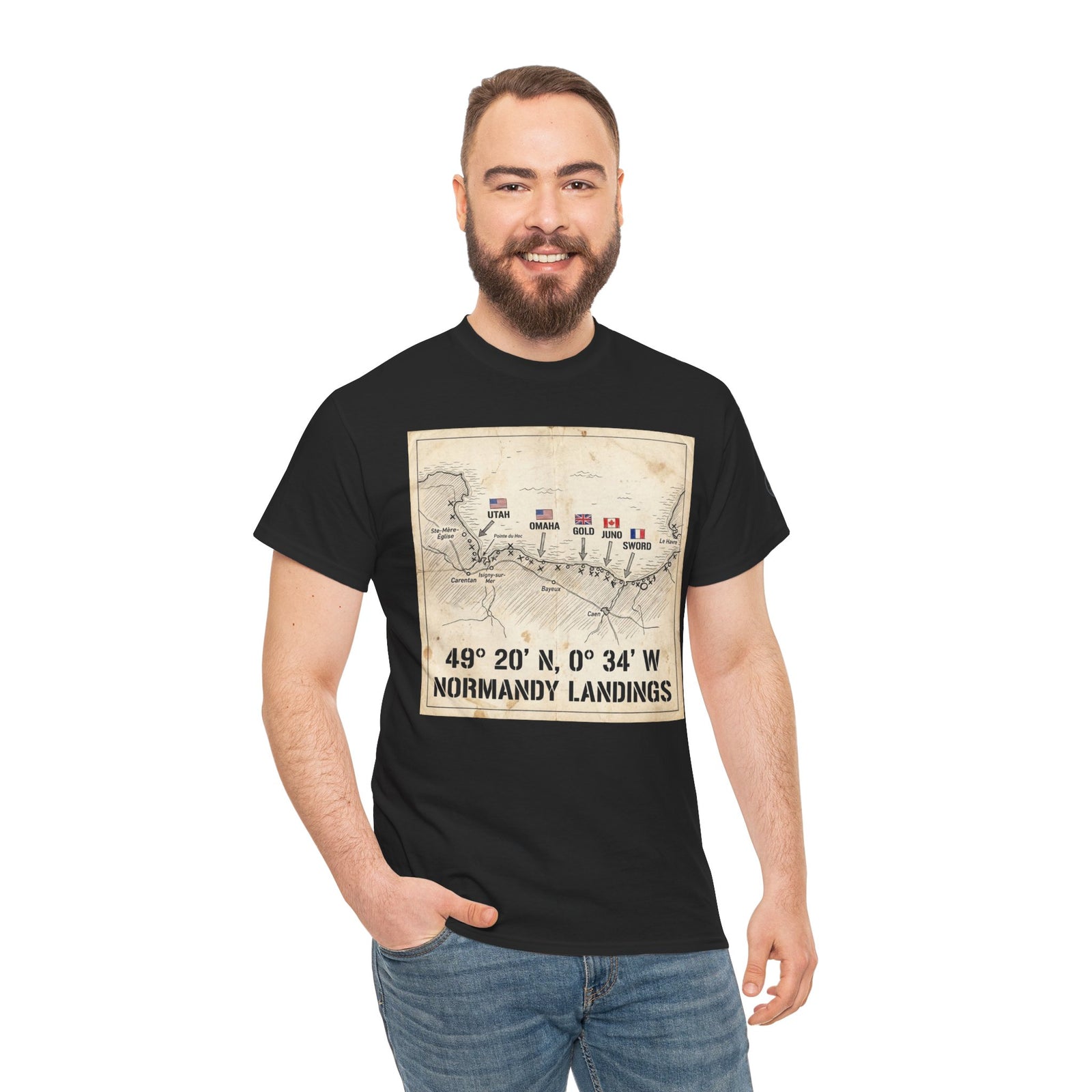 Black t-shirt by Veteran owned, displaying a vintage Normandy Landings map graphic, worn with jeans.