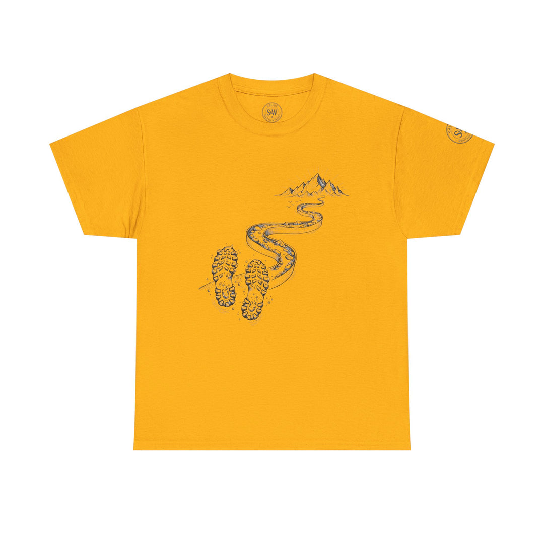 Mustard T-shirt by S&amp;W Gallus featuring a trail illustration leading to mountains, with boot prints at the bottom.