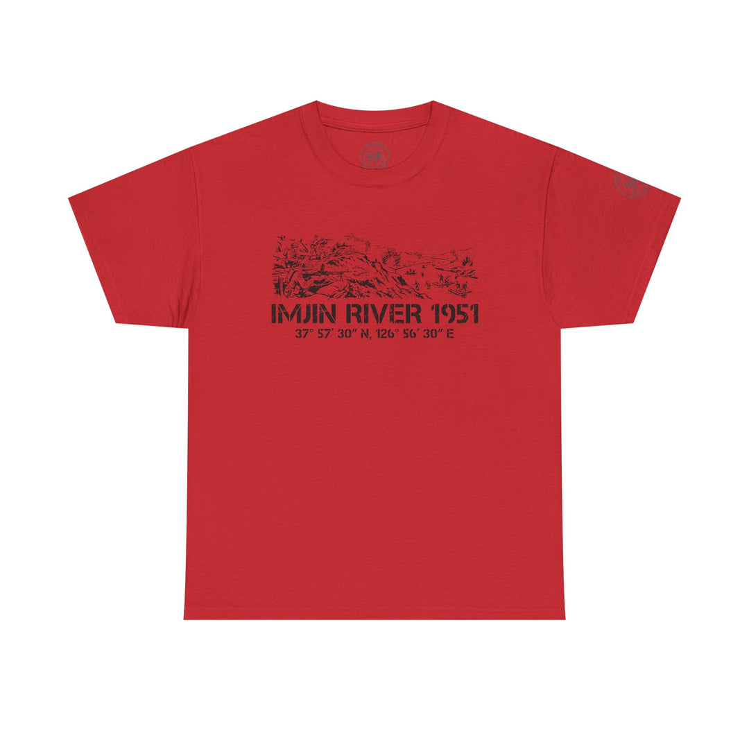 Red t-shirt by S&amp;W Gallus featuring a black Imjin River 1951 graphic with coordinates and a small logo on the sleeve.