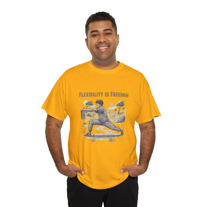 Flexibility Is Freedom Tee – soft, breathable cotton featuring a motivational design. Perfect for yoga, Pilates, stretching, or casual active lifestyle wear.