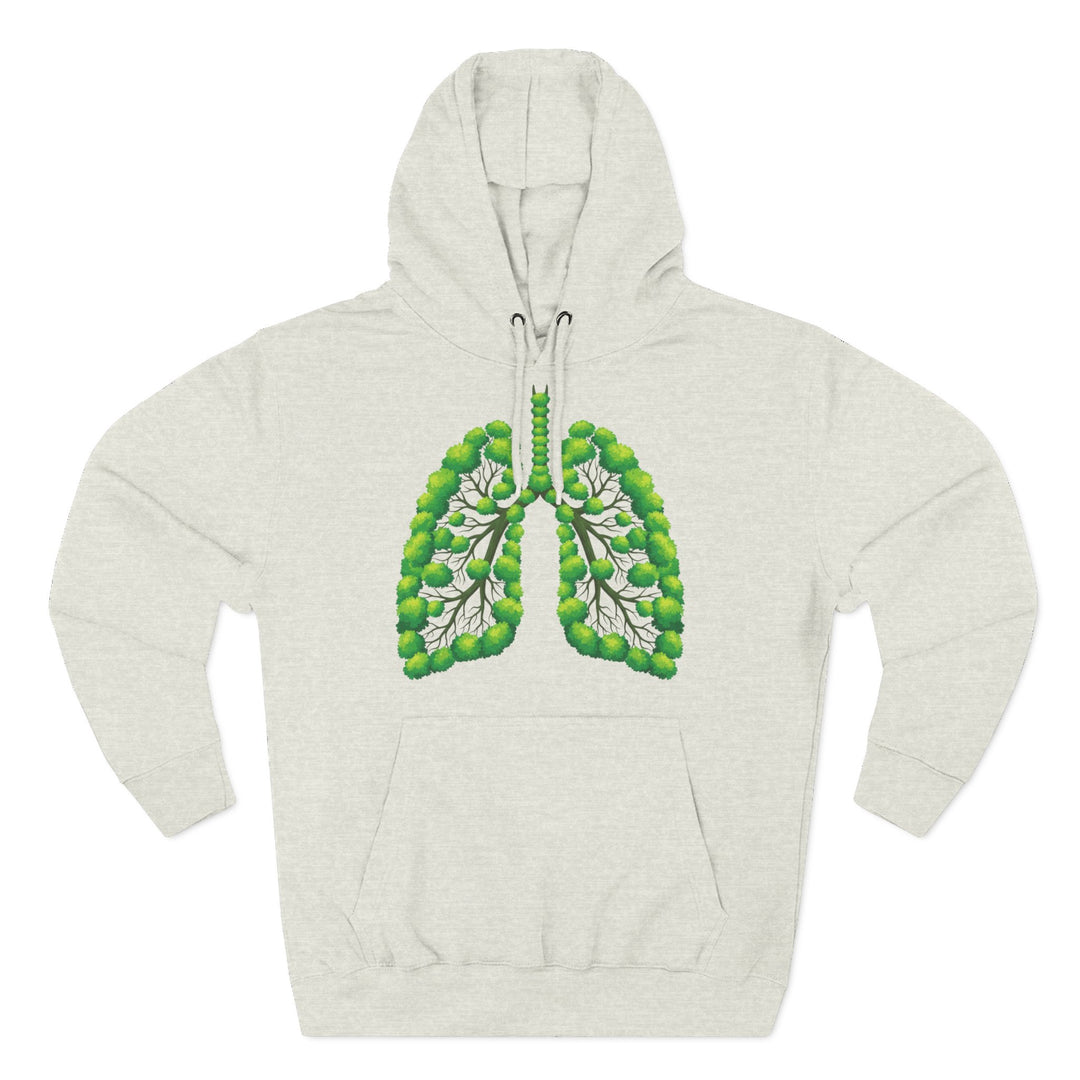 Heather gray hoodie by S&amp;W Gallus featuring a lung graphic composed of green leafy trees on the chest.