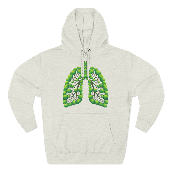 Heather gray hoodie by S&amp;W Gallus featuring a lung graphic composed of green leafy trees on the chest.