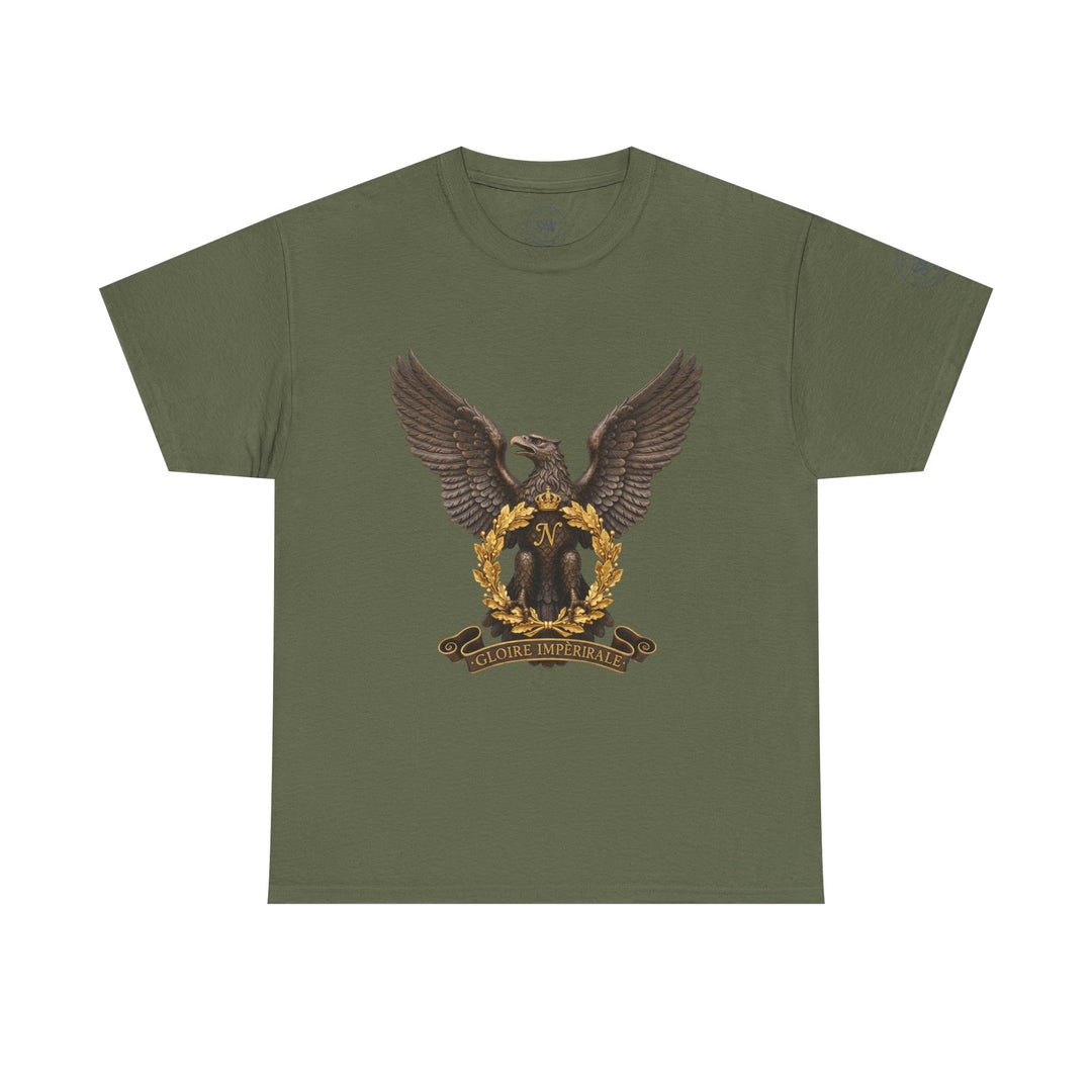 Olive drab t-shirt by S&amp;W Gallus featuring a vintage Bonaparte eagle crest with wreath and "Gloire Impériale" banner.