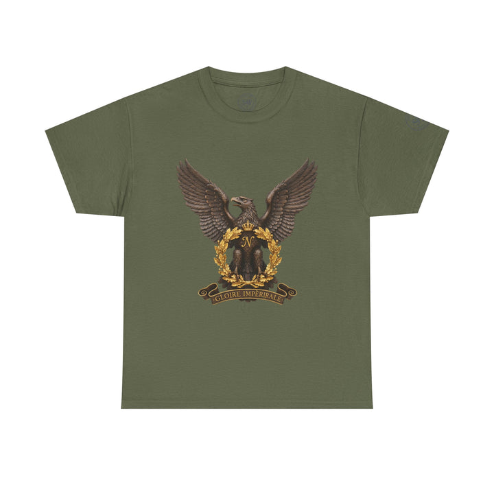 Olive drab t-shirt by S&amp;W Gallus featuring a vintage Bonaparte eagle crest with wreath and "Gloire Impériale" banner.