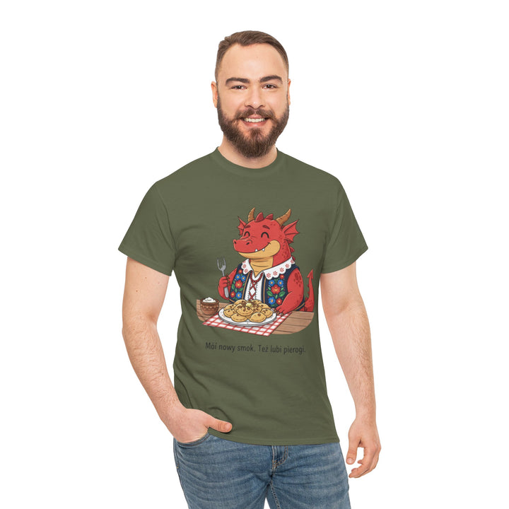 Olive drab t-shirt by S&amp;W Gallus, featuring a cartoon dragon enjoying pierogi with a Polish saying.