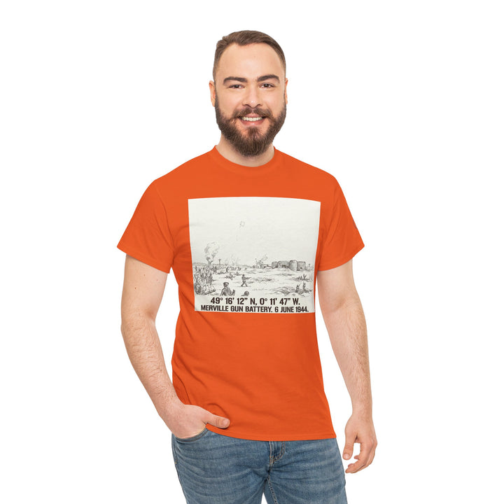 Orange Normandy D-Day Merville Gun Battery Sketch T-shirt by Veteran owned, featuring a sketch of the Merville Gun Battery and styled with jeans.