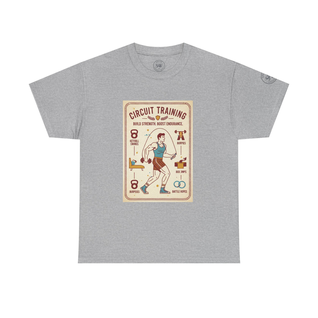 Grey T-shirt by S&amp;W Gallus, featuring a "Circuit Training" graphic design on the front.