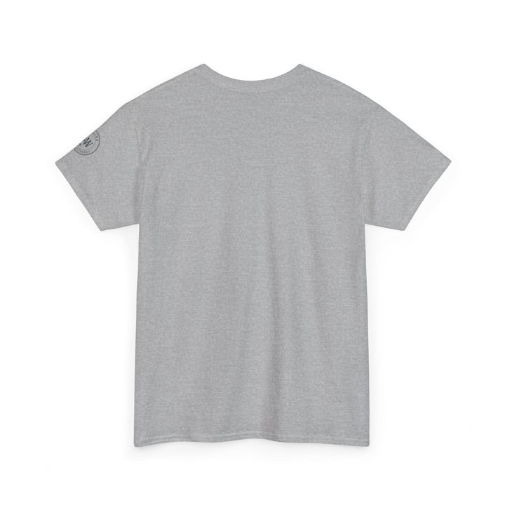 Gray t-shirt by S&amp;W Gallus with a Supermarine Spitfire aircraft schematic printed in the lower left corner.