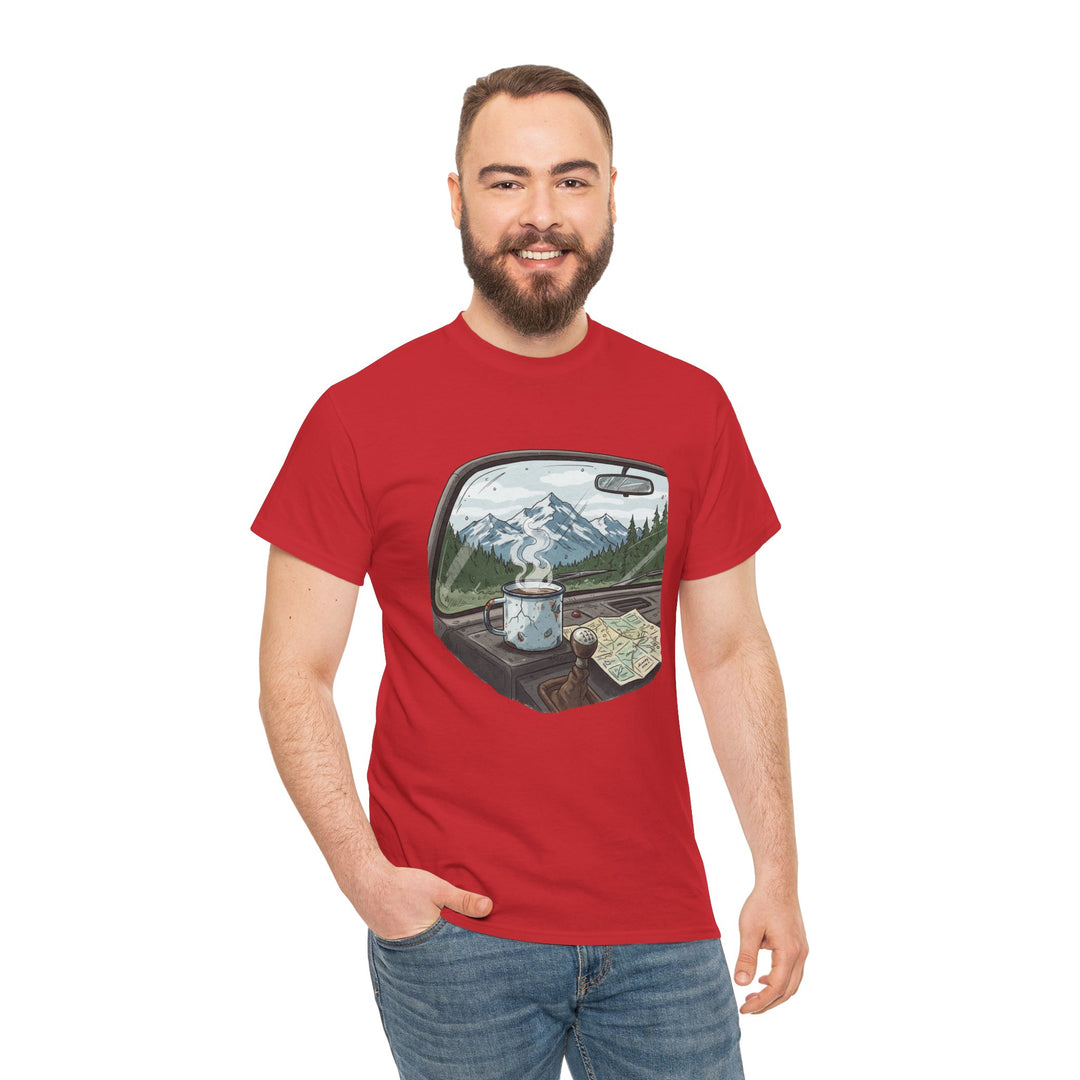 Van Roadtrip View T-Shirt featuring a scenic travel-inspired design. Soft cotton comfort perfect for van life, road trips, and outdoor adventures.