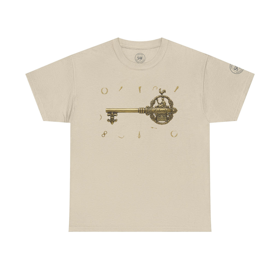 Sand-colored t-shirt by S&amp;W Gallus with an ornate golden Bastille key design, plus small decorative elements.