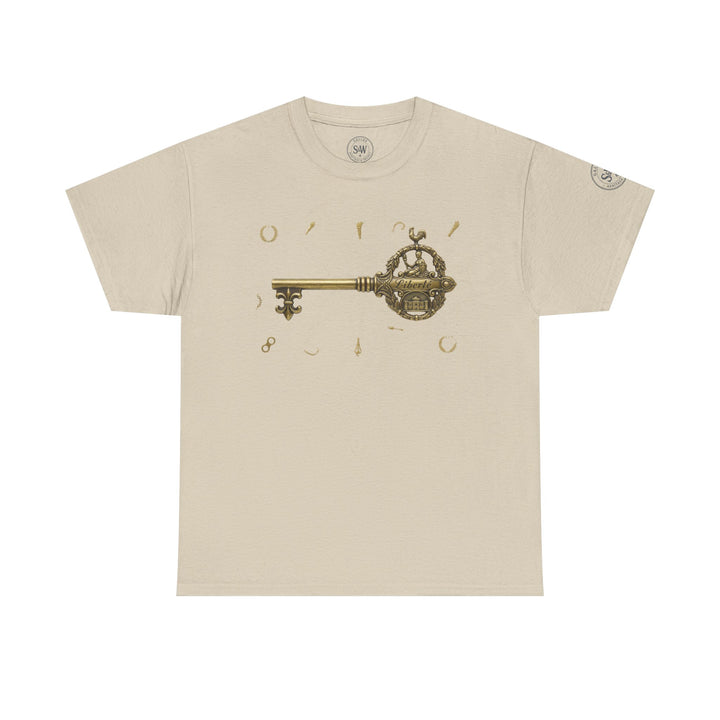 Sand-colored t-shirt by S&amp;W Gallus with an ornate golden Bastille key design, plus small decorative elements.