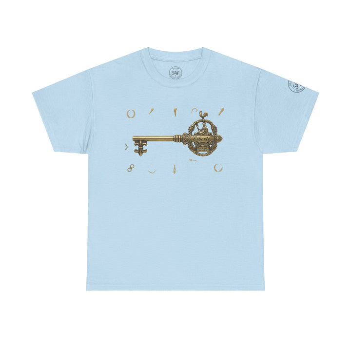Light blue graphic t-shirt by S&amp;W Gallus with a gold key and other decorative golden icons.