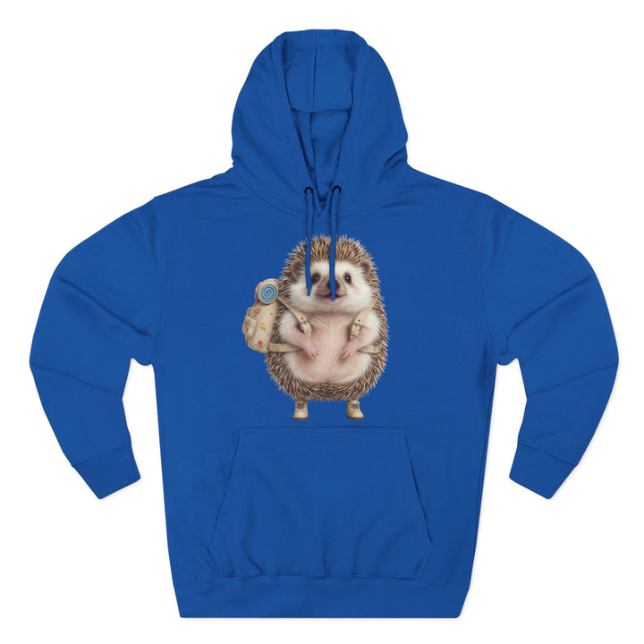Blue hoodie by S&amp;W Gallus featuring a cartoon hedgehog with a backpack and hiking boots.