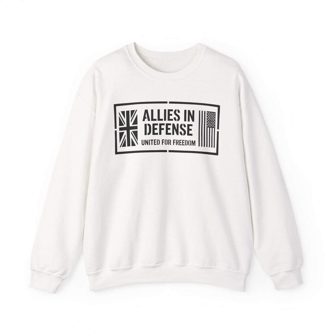 White crewneck sweatshirt by S&amp;W Gallus, featuring "Allies in Defense" graphic with Union Jack and American flag elements.