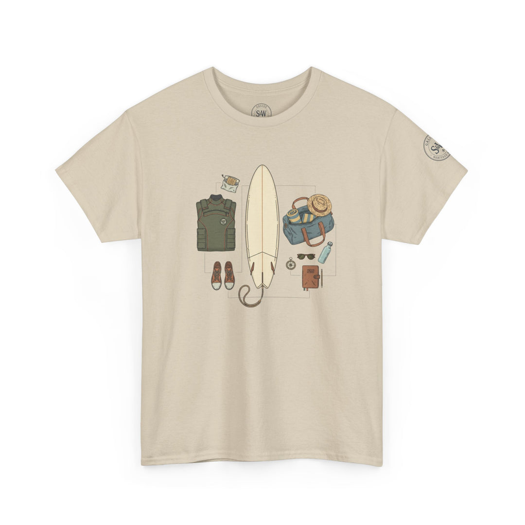 Tan t-shirt with a graphic print by S&amp;W Gallus, displaying a surfboard and accompanying gear in a stylized design.
