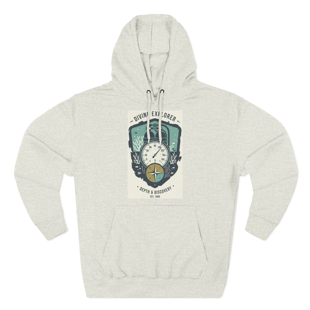 Heather gray hoodie by S&amp;W Gallus featuring a compass and diving explorer graphic on the front.