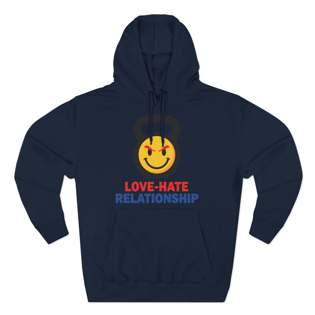 Navy hoodie by S&amp;W Gallus with a kettlebell design, a smiley face, and the text "Love-Hate Relationship".