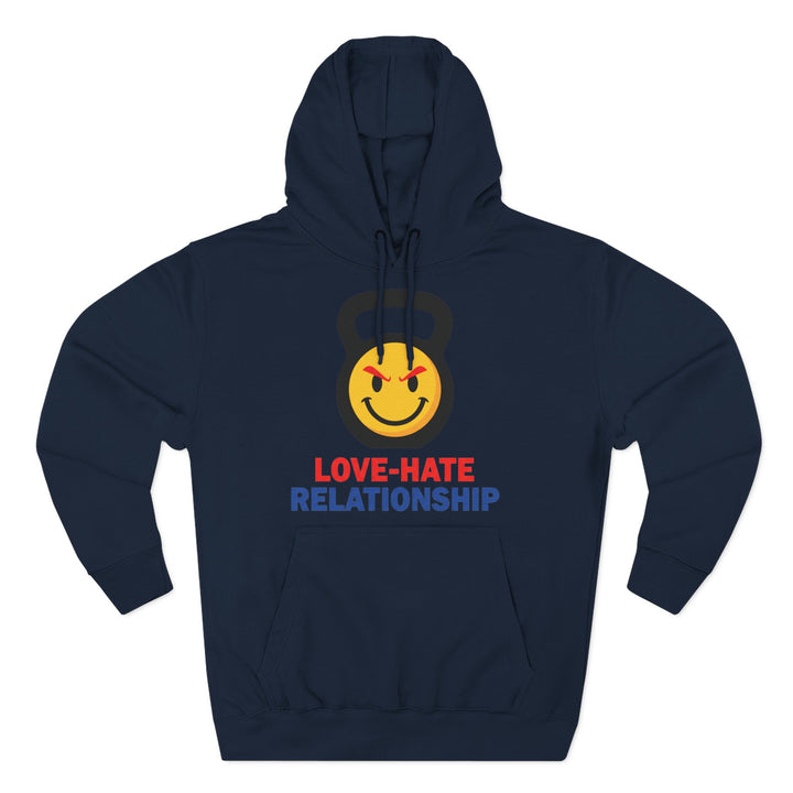 Navy hoodie by S&amp;W Gallus with a kettlebell design, a smiley face, and the text "Love-Hate Relationship".