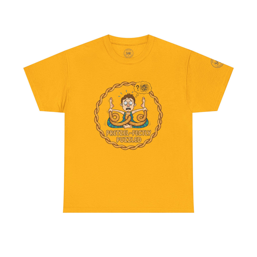 Mustard yellow tee by S&amp;W Gallus, featuring a cartoon man doing pretzel yoga with a pretzel border.