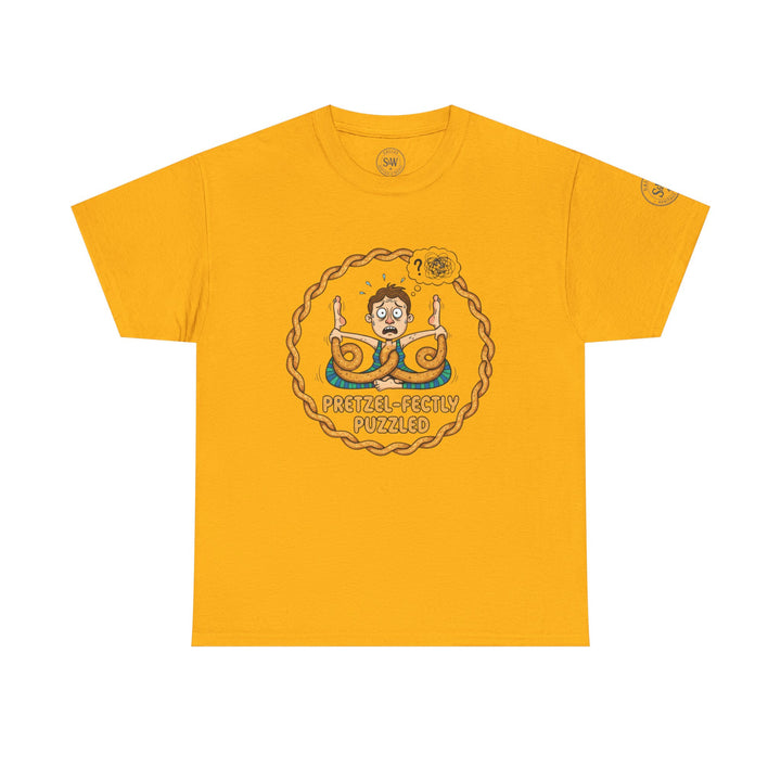 Mustard yellow tee by S&amp;W Gallus, featuring a cartoon man doing pretzel yoga with a pretzel border.