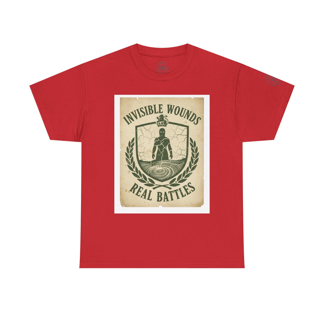 Red t-shirt by S&amp;W Gallus with a graphic of a shield reading, "Invisible Wounds Real Battles."