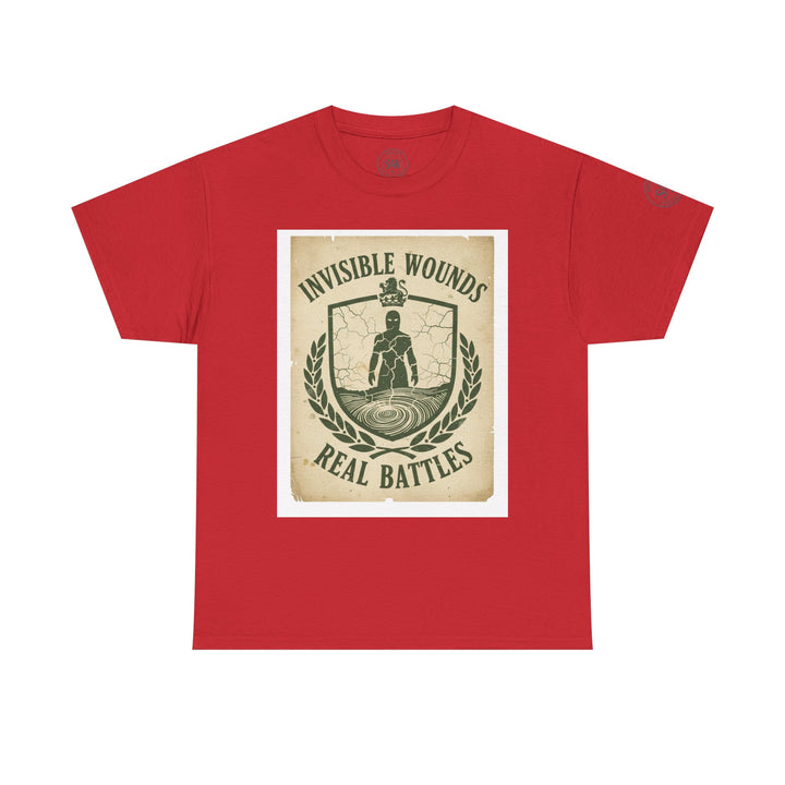 Red t-shirt by S&amp;W Gallus with a graphic of a shield reading, "Invisible Wounds Real Battles."