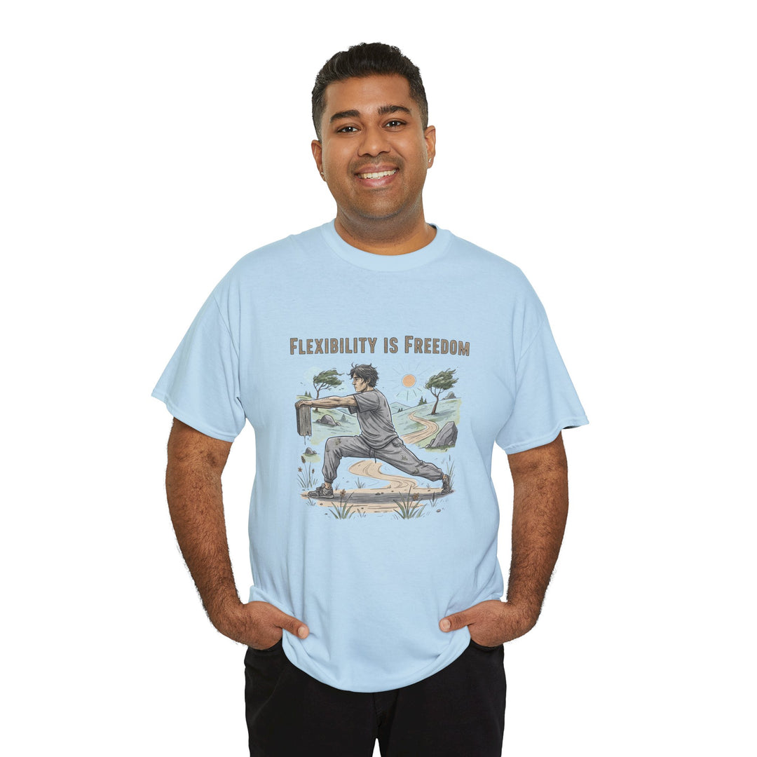Flexibility Is Freedom Tee – soft, breathable cotton featuring a motivational design. Perfect for yoga, Pilates, stretching, or casual active lifestyle wear.