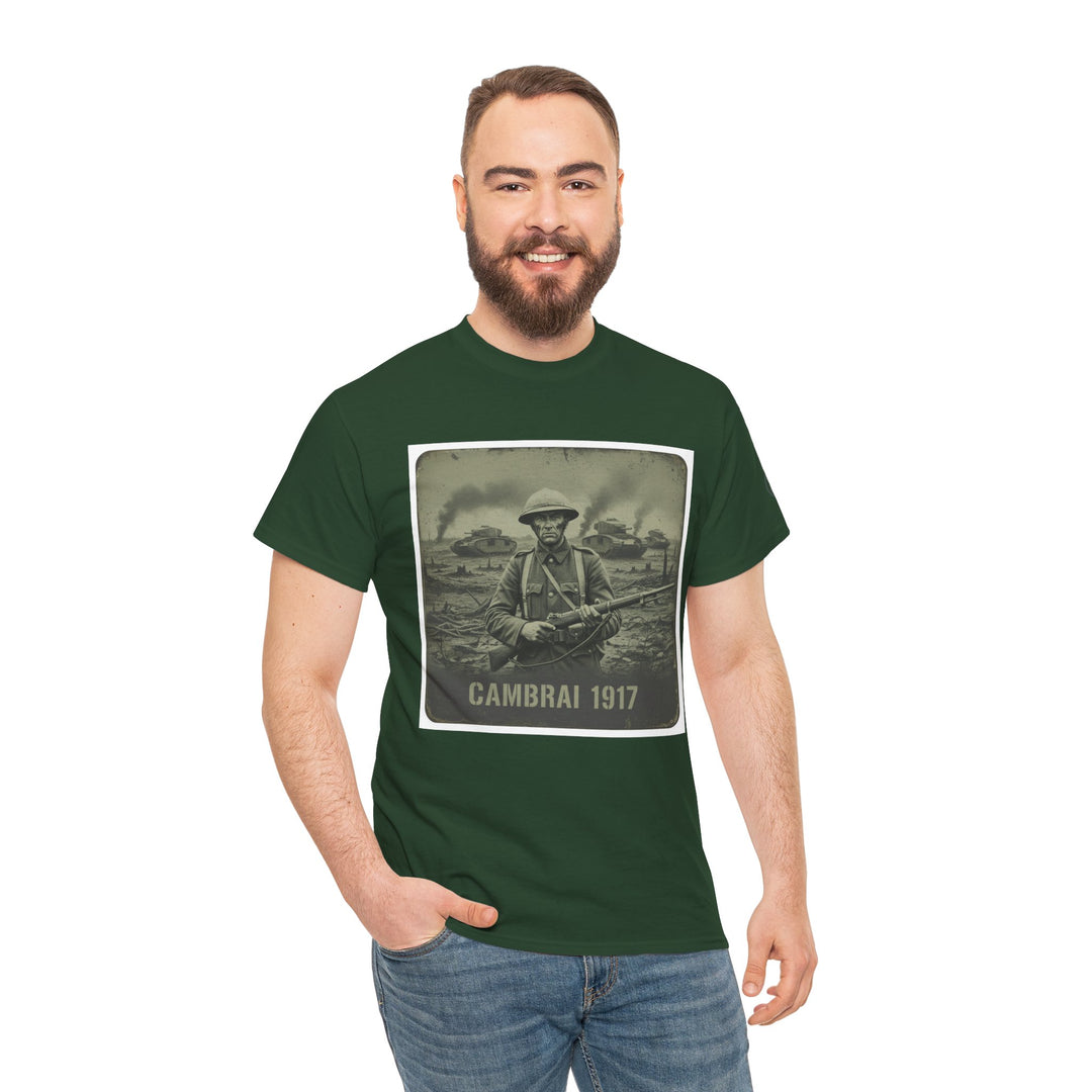 Green Cambrai 1917 T-shirt by S&amp;W Gallus, featuring a vintage WWI soldier graphic on the front.