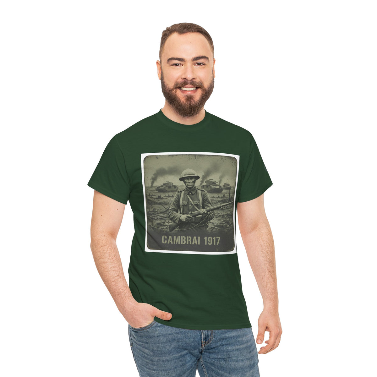 Green Cambrai 1917 T-shirt by S&W Gallus, featuring a vintage WWI soldier graphic on the front.