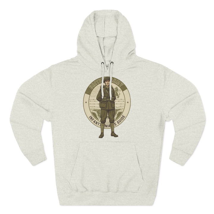 Heather gray hoodie by S&amp;W Gallus, featuring a vintage World War II British Army Infantry design.