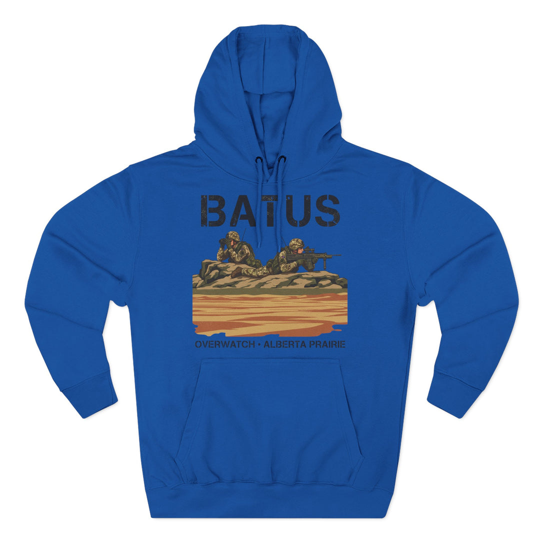 Blue hoodie by S&amp;W Gallus with a graphic of soldiers in camouflage and "BATUS" text.