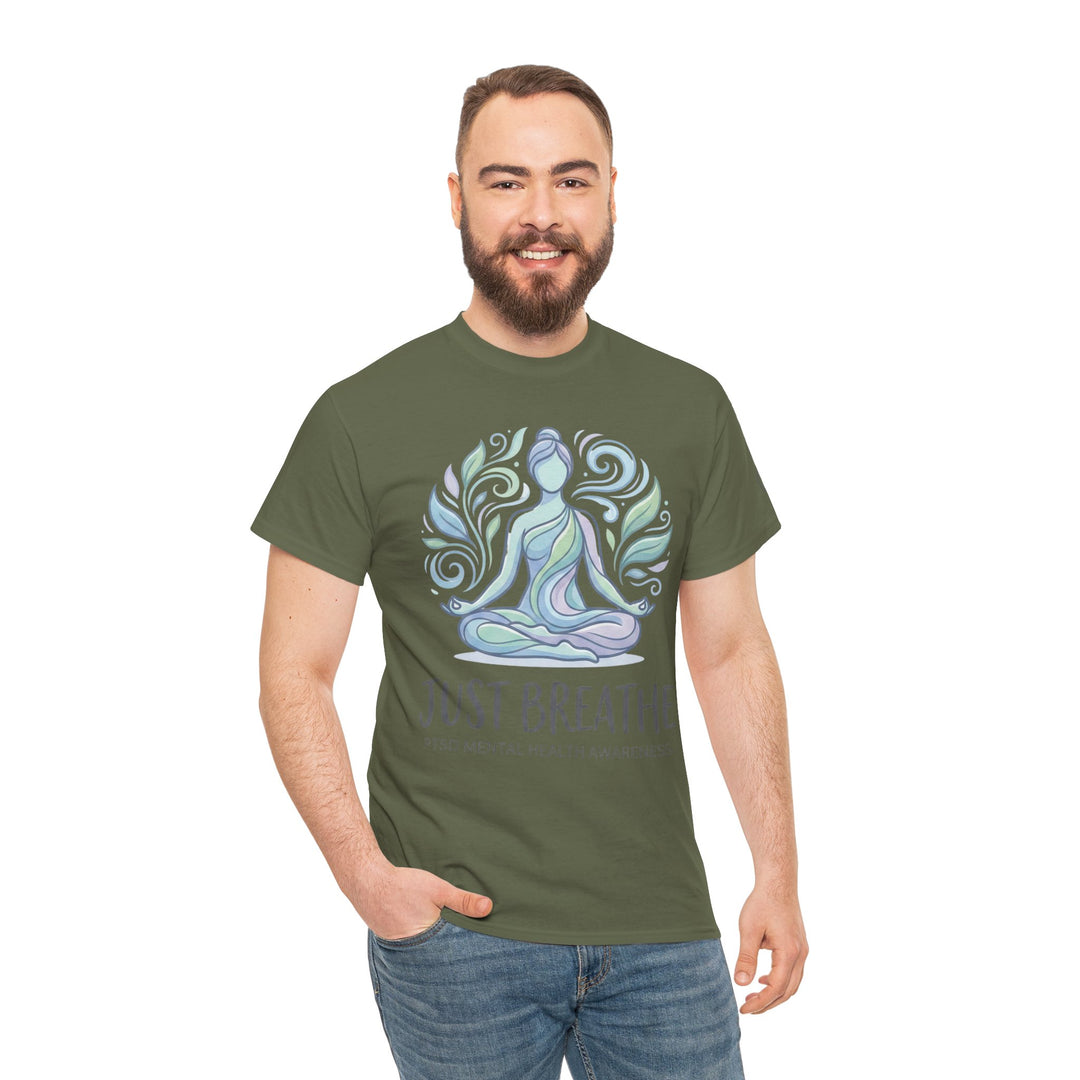 Olive-green tee-shirt with a yoga pose graphic by Veteran Owned, featuring the words "Just Breathe" and "PTSD Mental Health Awareness".