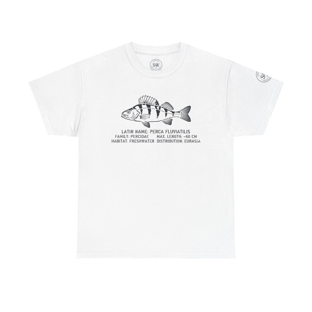 White T-shirt by S&amp;W Gallus, displaying a black and white perch illustration and scientific details.