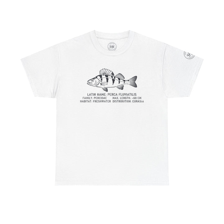 White T-shirt by S&amp;W Gallus, displaying a black and white perch illustration and scientific details.